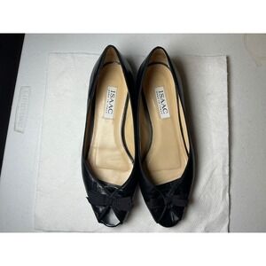Isaac Mizrahi Black Leather Peep Toe Bow Flats Made in Italy Womens Size 8 M